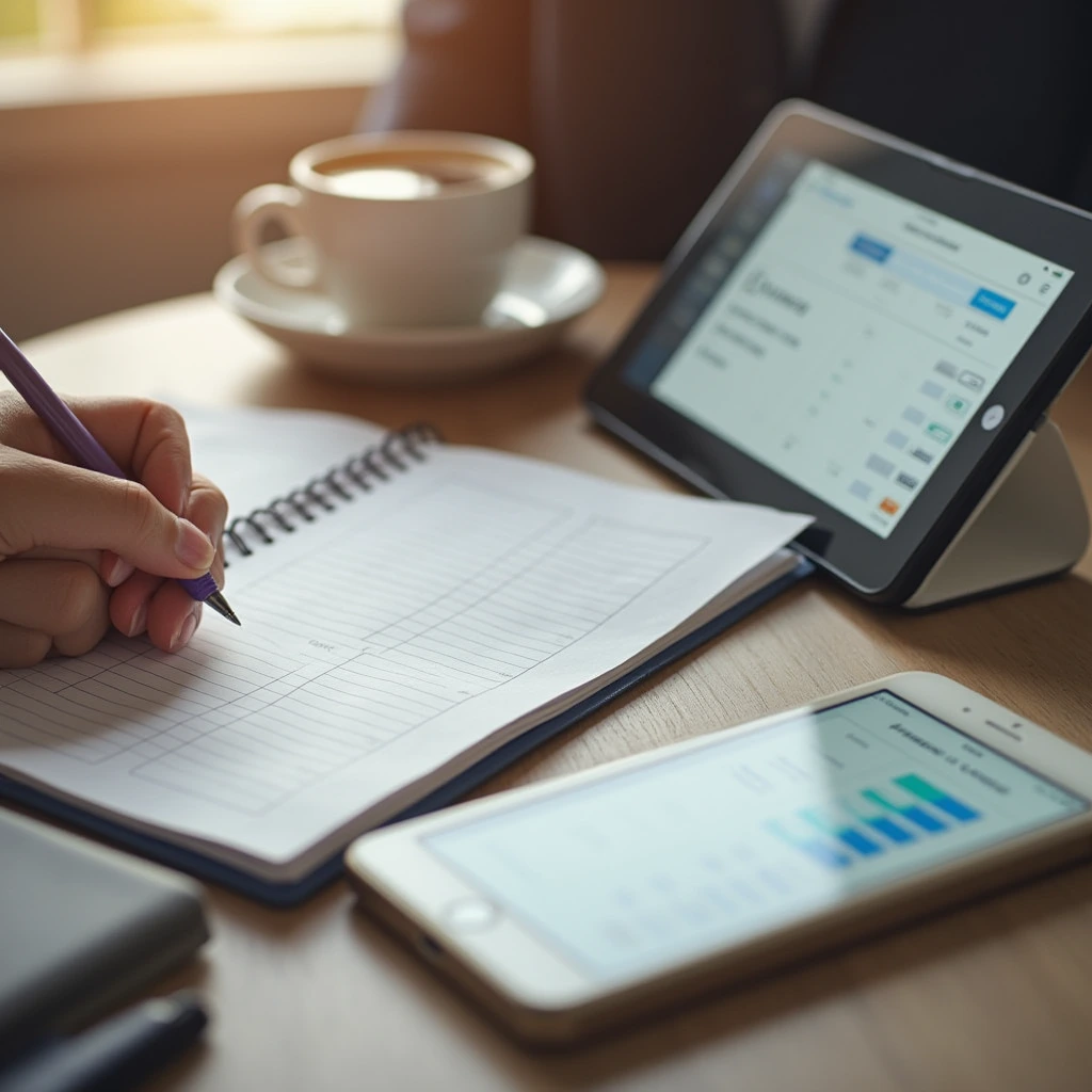 Close-up of hands writing in a budget notebook with coffee and tablet nearby, reflecting Newsova’s practical and approachable personal finance and budgeting strategies.