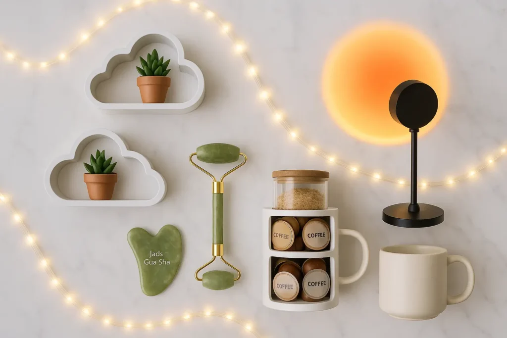 Viral Amazon finds flat lay showing LED lights, cloud shelves, and aesthetic home decor products on white marble background