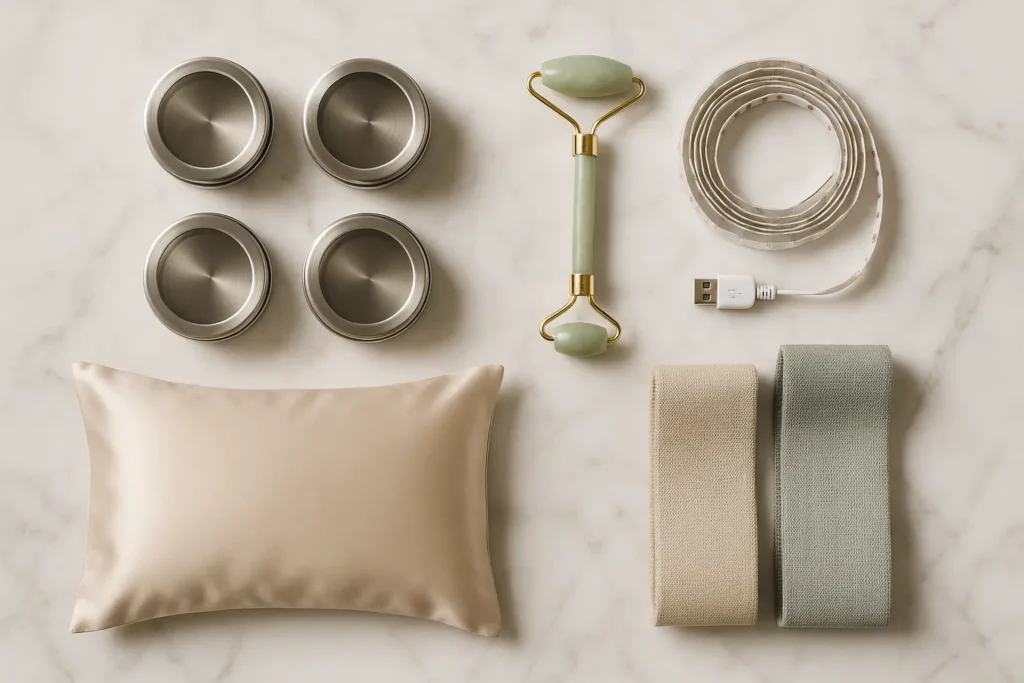 Best things to buy on Amazon 2025 - viral Amazon finds including spice jars, jade roller, and LED lights arranged on marble background