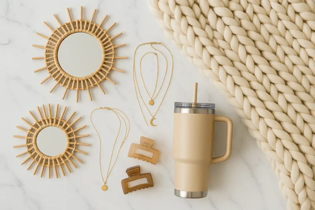 Trending Amazon products 2025 flat lay featuring viral home decor and lifestyle items from Pinterest