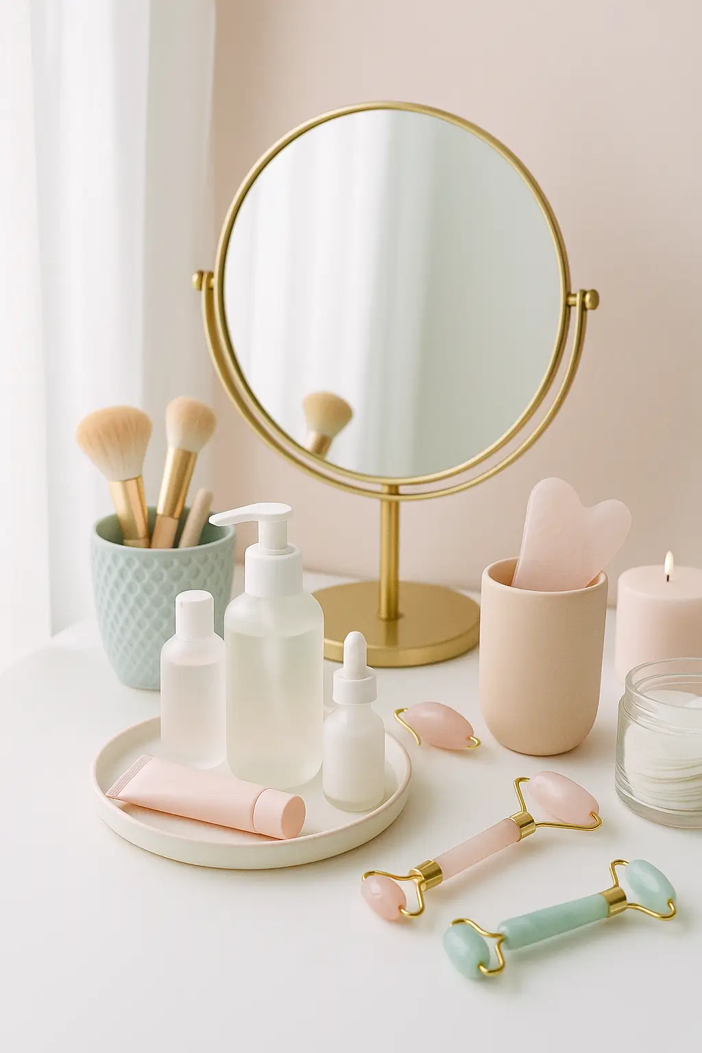 Beauty and wellness products on a bright vanity table — top trending Amazon skincare and self-care essentials.