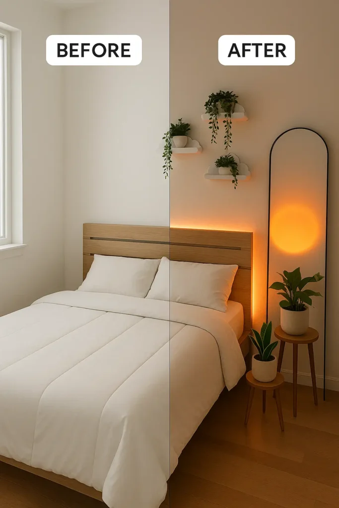 Before and after bedroom transformation using viral Amazon finds including LED strip lights and cloud wall shelves