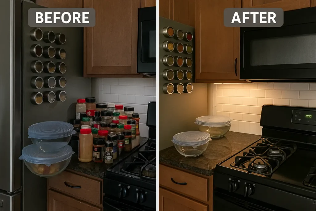 Best things to buy on Amazon for kitchen organization - magnetic spice jars and silicone lids showing organized kitchen transformation