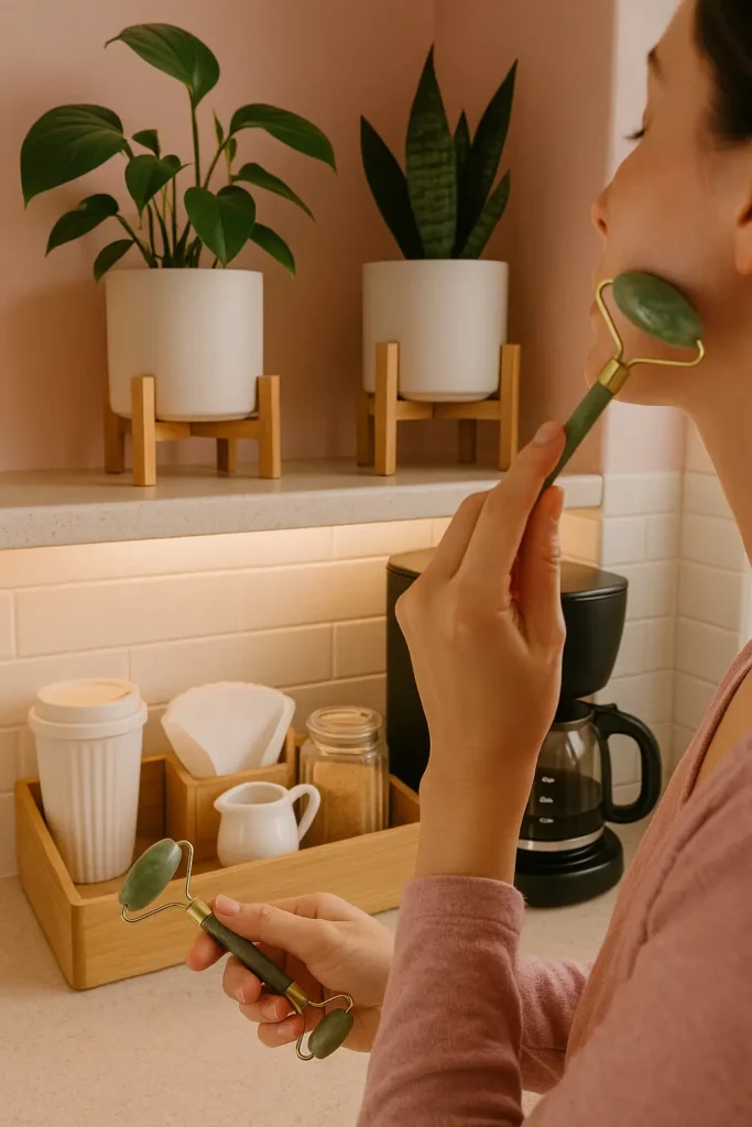 Lifestyle photo showing viral Amazon finds in use including jade facial roller and aesthetic coffee station organizer