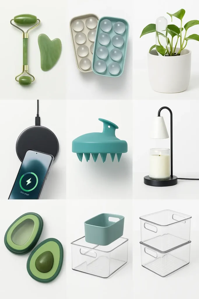 Grid collection of viral Amazon finds including jade rollers, ice cube trays, and aesthetic home organization products