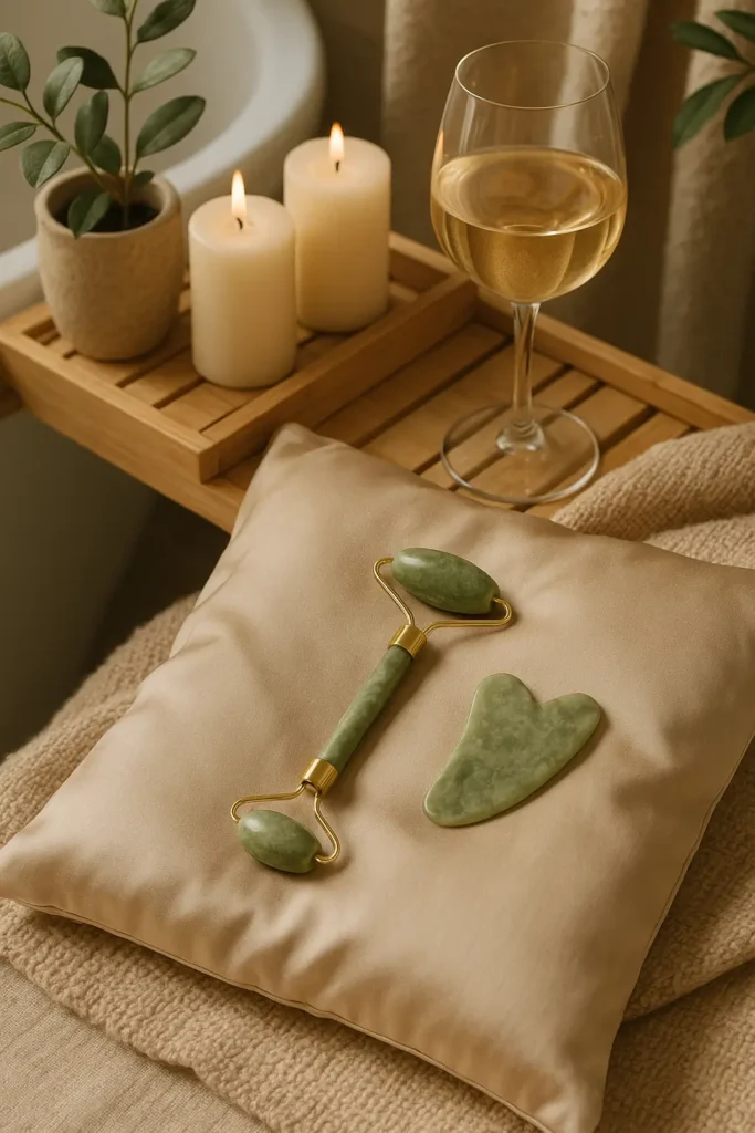 Best things to buy on Amazon for self-care routine - jade roller, silk pillowcase, and bamboo bath caddy for spa vibes at home