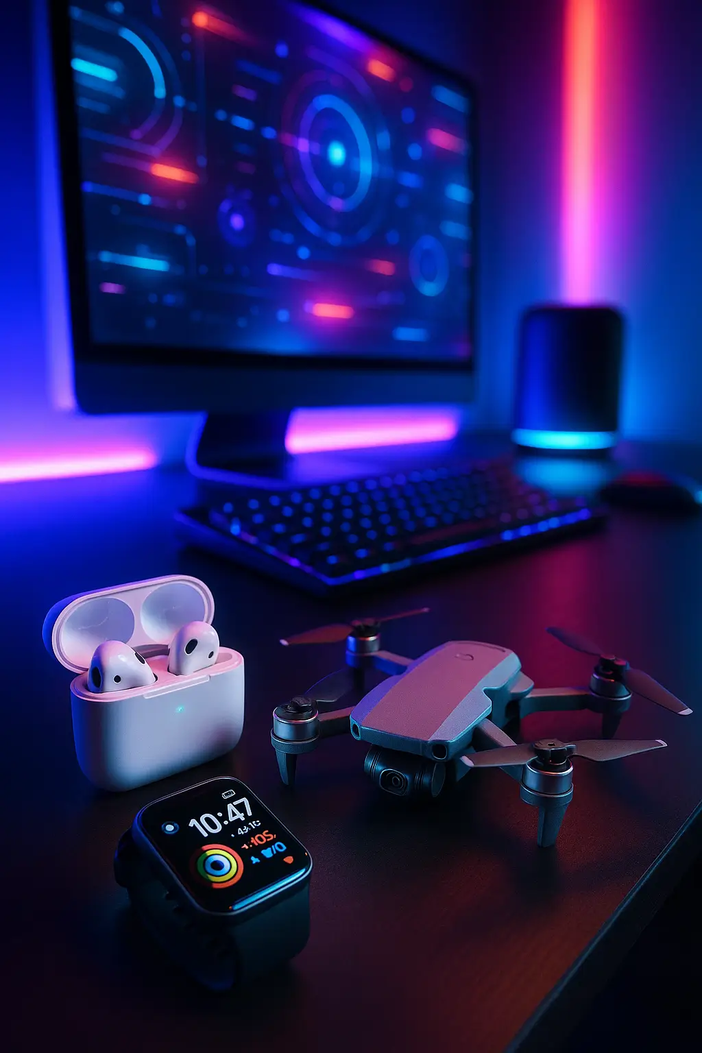 Latest viral tech gadgets including wireless earbuds and smartwatches displayed on a sleek workspace — trending Amazon electronics.